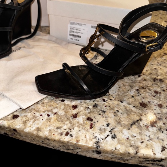 Yves Saint Laurent Black and Gold Heeled Sandals nicla wedge - Picture 8 of 12